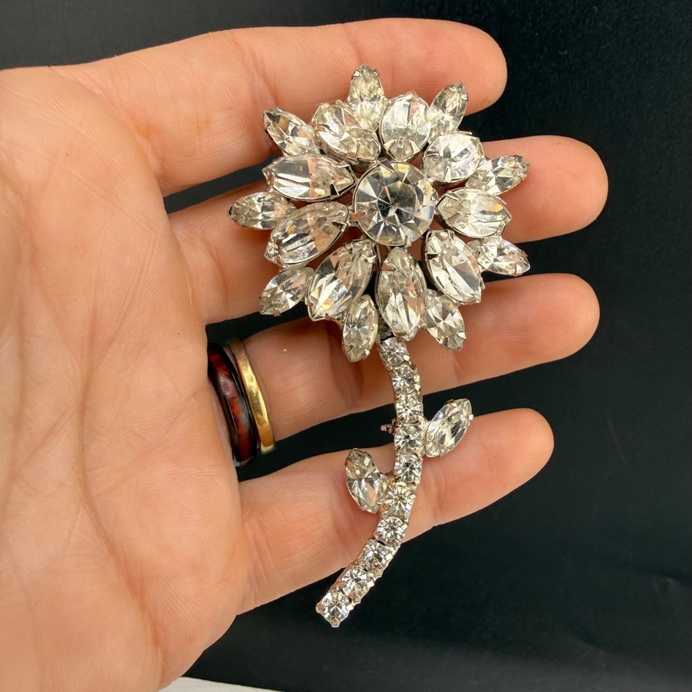 Vintage Estate Brooch Silver Rhinestone Flower Floral Marquise Sparkle